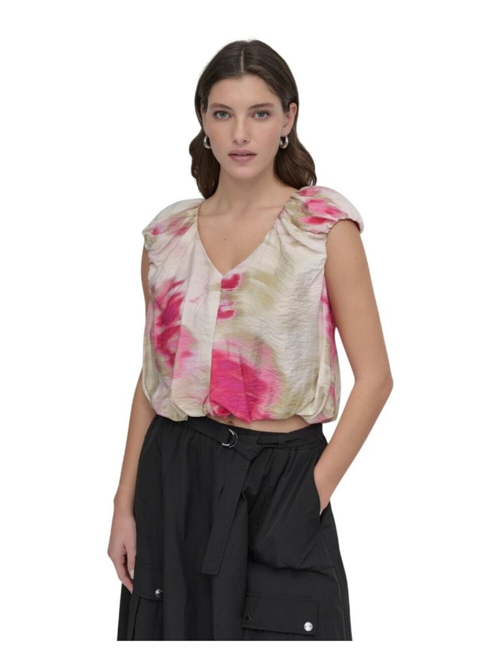 NWT DKNY Womens Floral-Print V-Neck Cap-Sleeve Top May Watercolor Pink Multi L